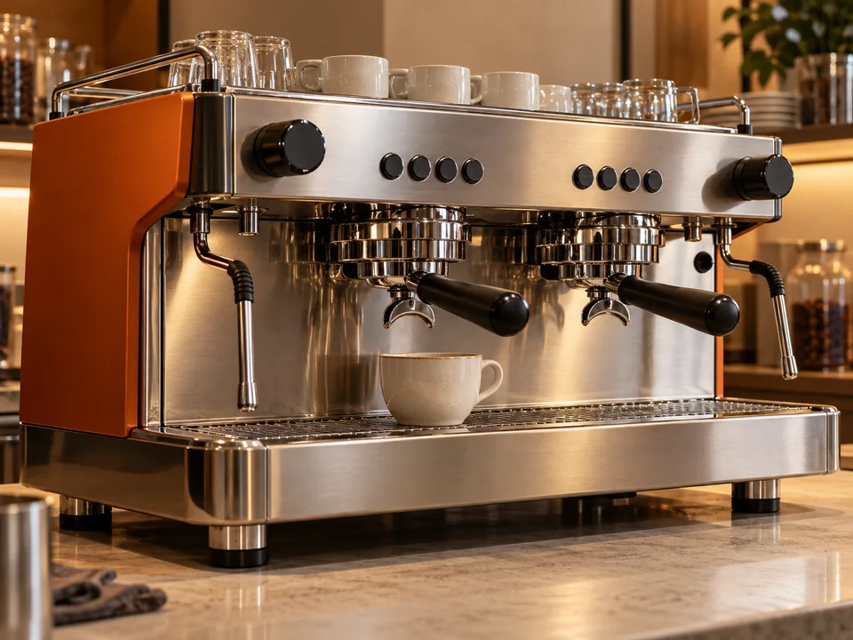 ภาพแนวคิดเครื่องชงกาแฟเชิงพาณิชย์และแก้วบนเคาน์เตอร์
