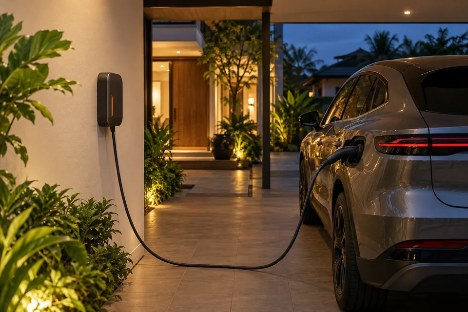 ภาพแนวคิดบ้านและรถในช่วงเย็น มีแสงอุ่นจากภายในบ้าน